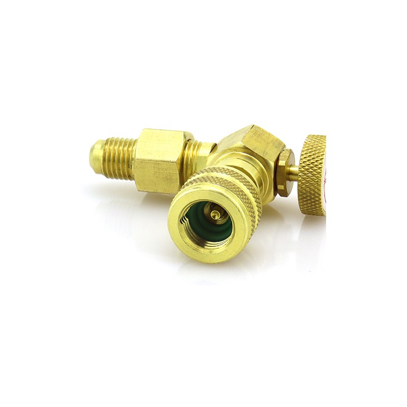 Rubinetto premivalvola ST-VB1 F-1/4″ × M-1/4″ SAE per impianti HVAC e refrigerazione.