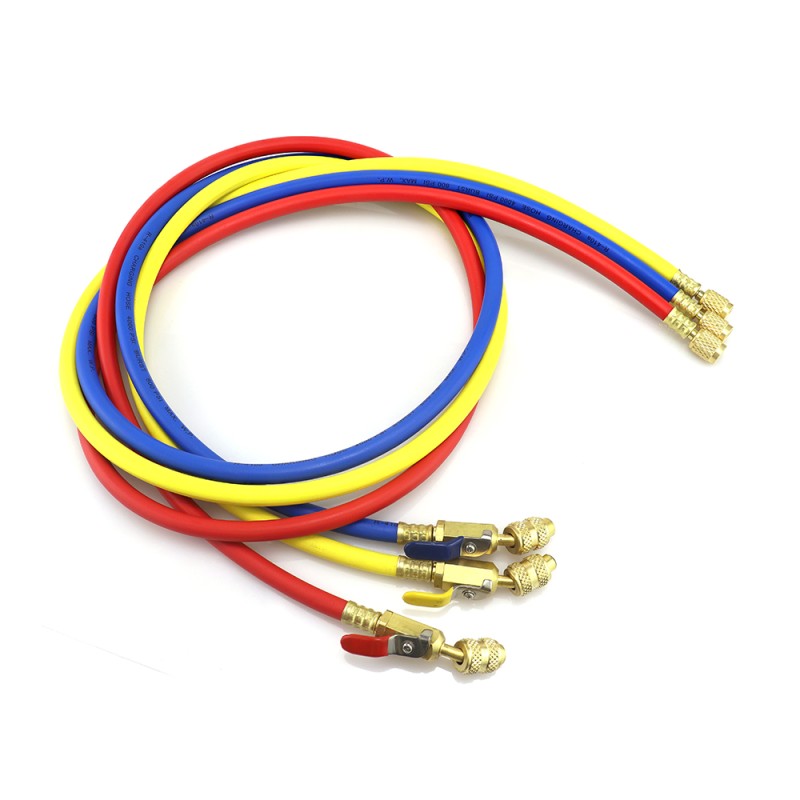 Set 3 Tubi di Ricarica Refrigerante CT-360-RYB-HV 150 cm con Rubinetto a Sfera per HVAC/R