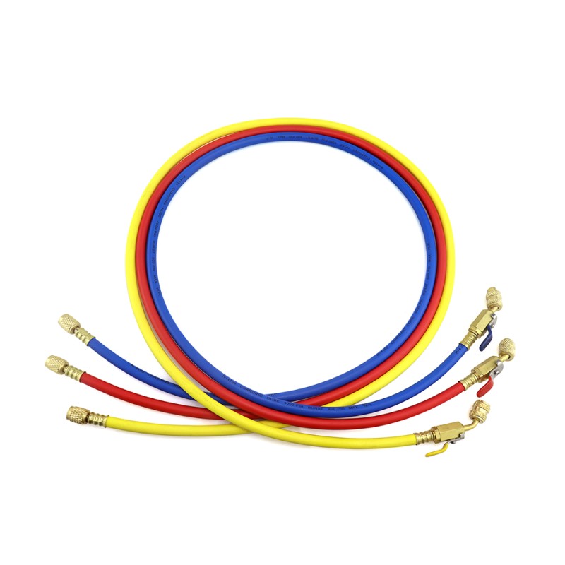 Set di 3 tubi di ricarica refrigerante 150 cm 1/4″ × 5/16″ SAE con rubinetto a sfera.