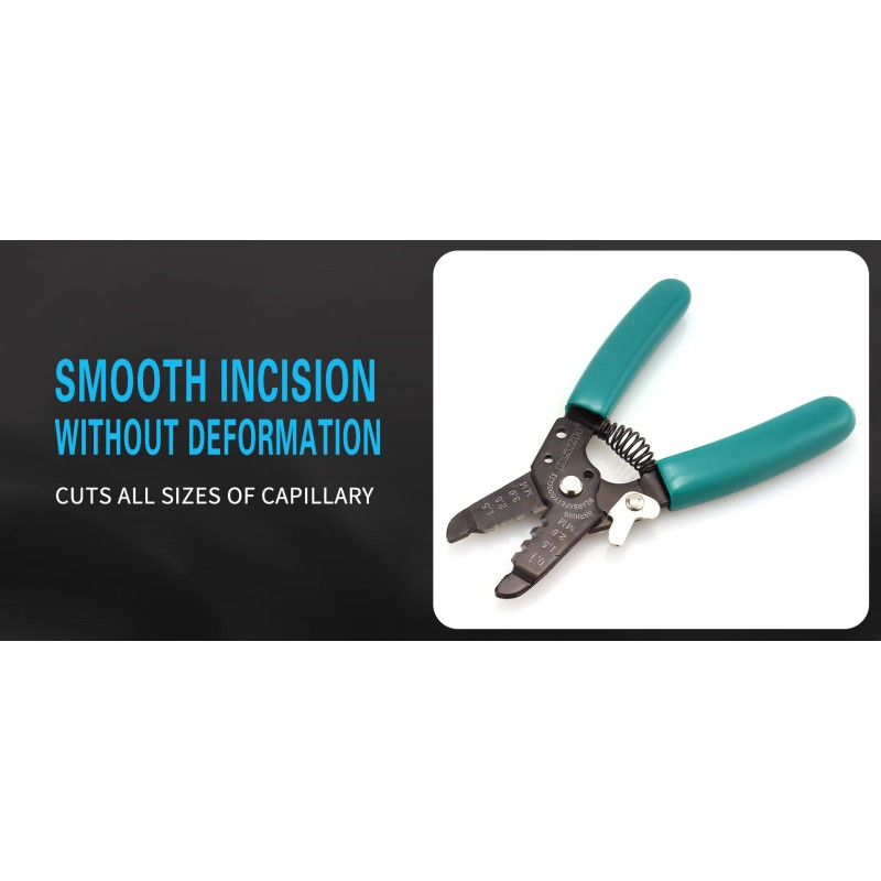 Strumento di taglio per capillari con impugnature ergonomiche e incisione fluida.