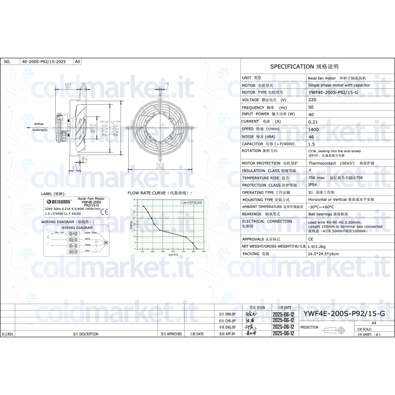 Ventilatore assiale Ø 800 mm trifase 380V 730 giri/min Weiguang YWF6D-800S-P180L75-G