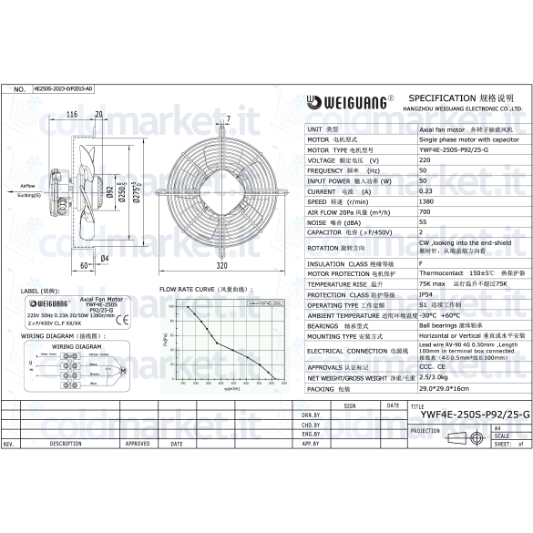 Ventilatore assiale diametro 250 MM Aspirante 220V - 1400gir/min WEIGUANG YWF4E-250S-92/25-G