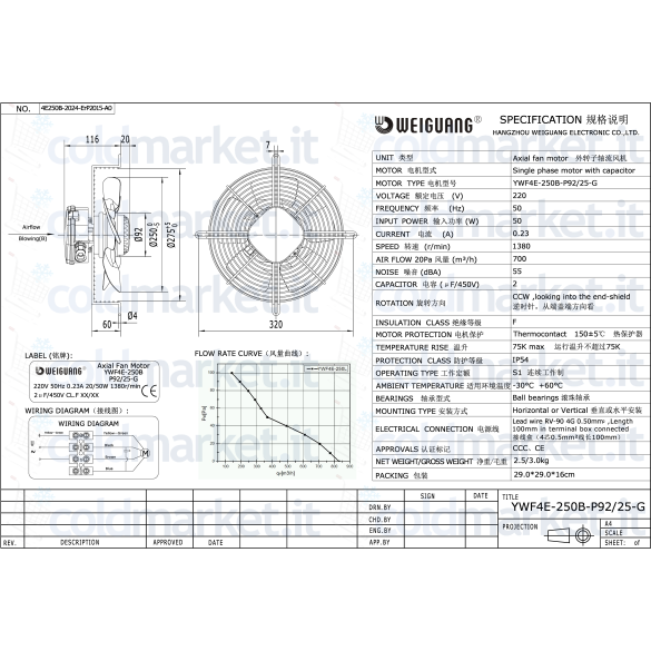 Ventilateur Axial Ø 250 mm Poussant 220V 1400 tours/min Weiguang YWF4E-250B-P92/25-G