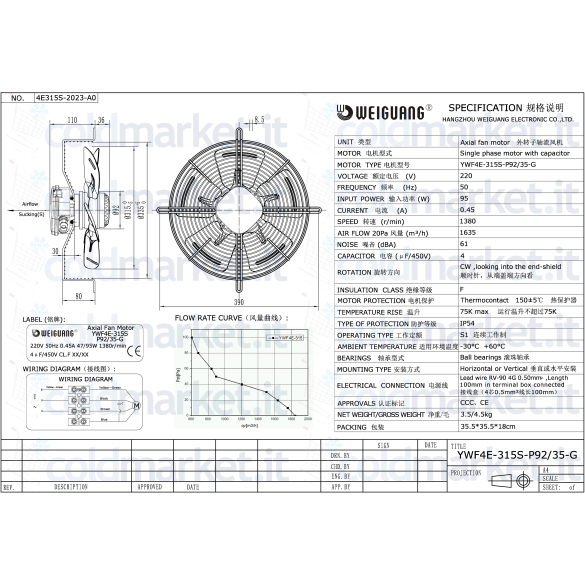 Ventilateur Axial Ø 315 mm Aspirant 220V 1400 tr/min Weiguang YWF4E-315S-P92L35-G