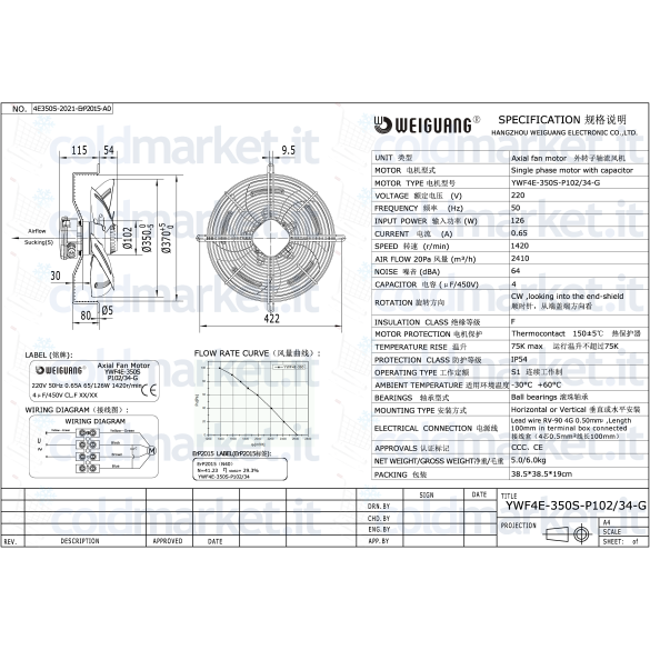 Ventilateur Axial Ø 350 mm Aspirant 220V 1400 tr/min Weiguang YWF4E-350S-P102L34-G