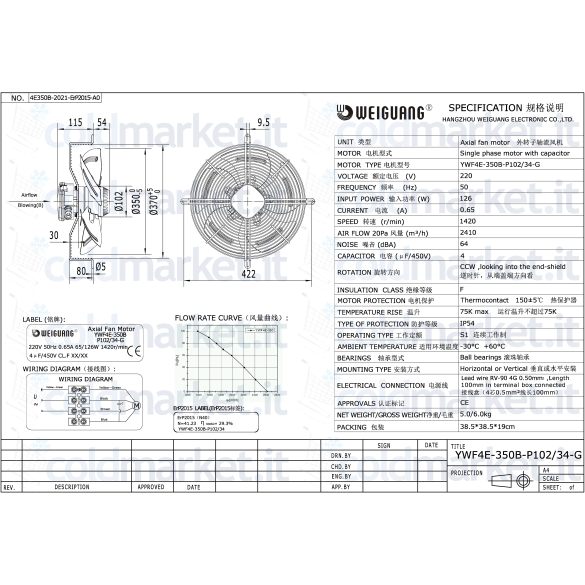 Ventilateur Axial Ø 350 mm Soufflant 220V 1400 tours/min Weiguang YWF4E-350B-P102L34-G