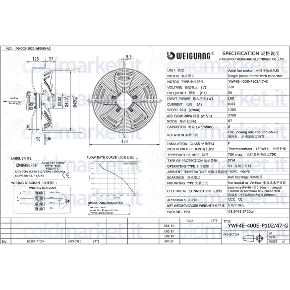 Ventilateur Axial Ø 400 mm Aspirant 220V 1400 tr/min Weiguang YWF4E-400S-P102L47-G