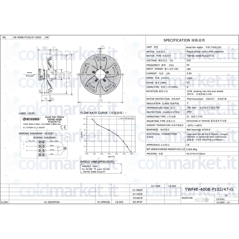 \"Ventilatore Ywfe-400B-P102/47-G per impianti di refrigerazione\"