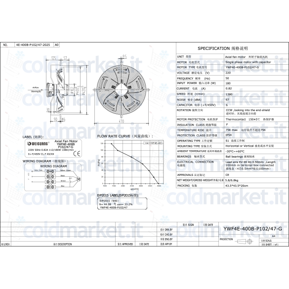 Ventilateur Axial Ø 400 mm Prémente 220V 1400 tours/min Weiguang YWF4E-400B-P102/47-G