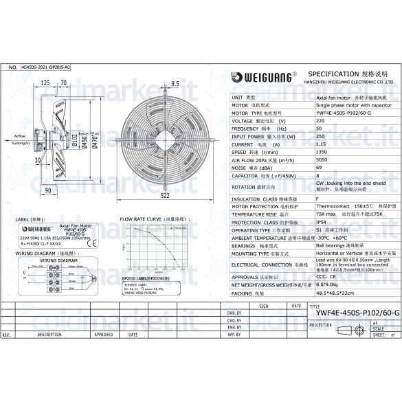 Ventilateur Axial Ø 450 mm Aspirant 220V 1350 tr/min Weiguang YWF4E-450S-P102L60-G
