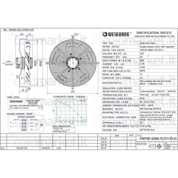 Ventilateur Axial Ø 500 mm Aspirant 220V 1350 tr/min Weiguang YWF4E-500S-P137L35-G