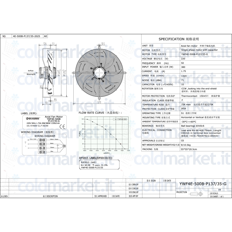 Ventilatore Assiale Ø 500 mm Weiguang YWF4E-500B-P137/35-G 220V 1320 giri/min