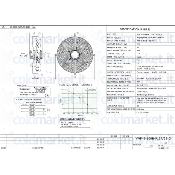 Ventilateur Axial Ø 500 mm Prémente 220V 1320 tours/min Weiguang YWF4E-500B-P137/35-G