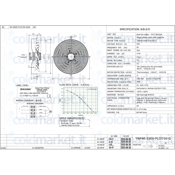 Ventilateur Axial Ø 550 mm Aspirant 220V 1310 tours/min Weiguang YWF4E-550S-P137/50-G