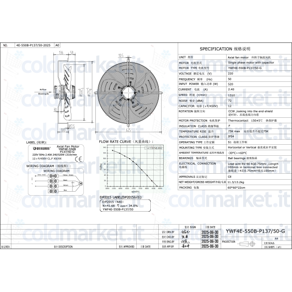 Ventilateur Axial Ø 550 mm Pression 220V 1310 tours/min Weiguang YWF4E-550B-P137/50-G