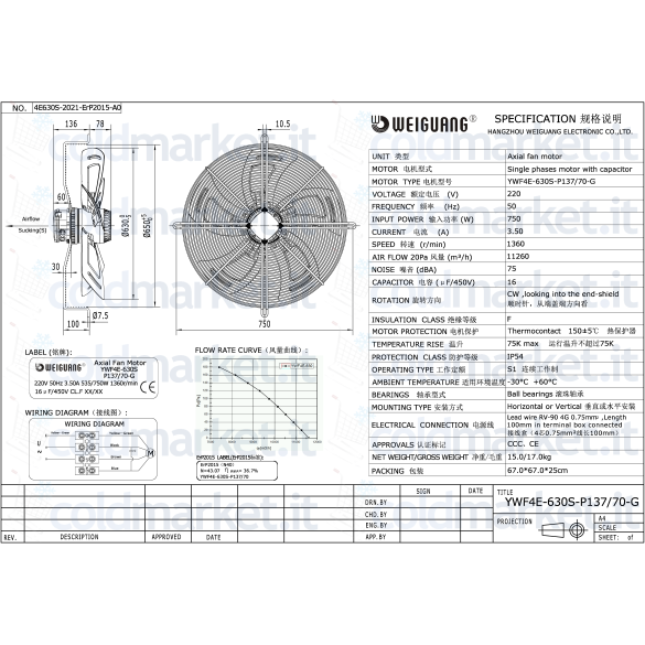 Ventilateur Axial Ø 630 mm Aspiration 220V 1360 tr/min Weiguang YWF4E-630S-P137L70-G