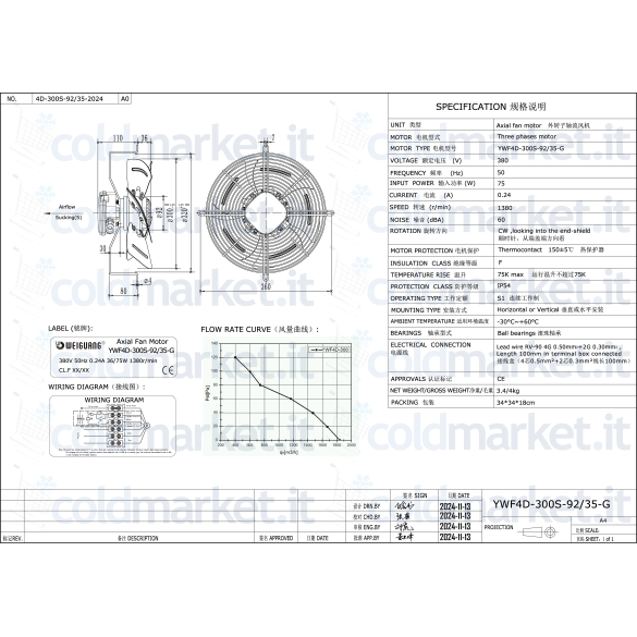 Ventilateur Axial Ø 300 mm Aspiration Triphasé 380V 1380 tr/min Weiguang YWF4D-300S-92/35-G