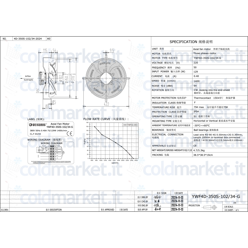 Ventilatore assiale Ø 350 mm Trifase 380V 1400 giri/min Weiguang YWF4D-350S-102L34-G