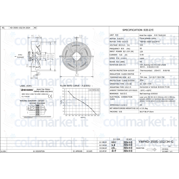 Ventilateur Axial Ø 350 mm Aspiration Trifase 380V 1400 tr/min Weiguang YWF4D-350S-102L34-G