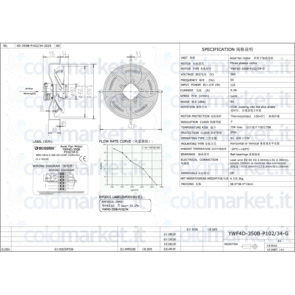 Ventilateur Axial Ø 350 mm Soufflant Triphasé 380V 1420 tours/min Weiguang YWF4D-350B-P102L34-G