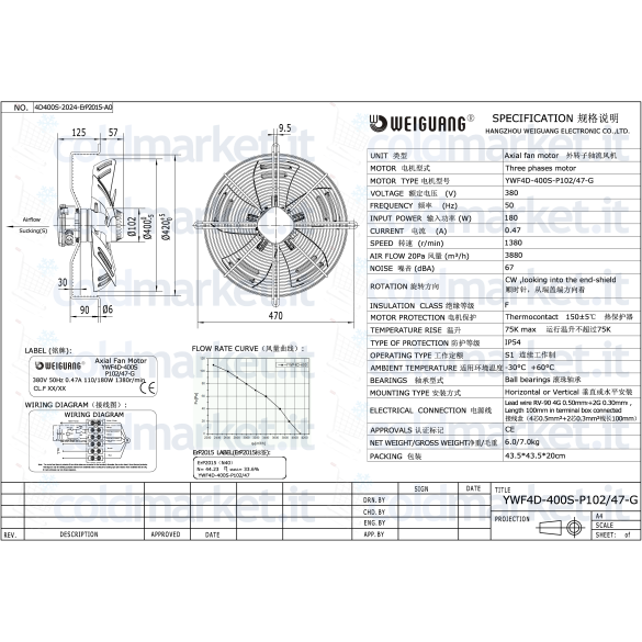 Ventilatore assiale diametro 400 MM Aspirante 380V - 1400gir/Min WEIGUANG YWF4D-400S-102/47-G