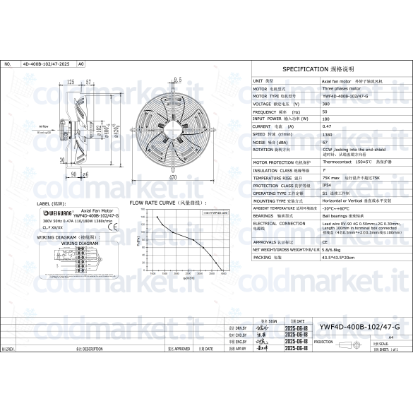 Ventilatore assiale diametro 400 MM Premente 380V - 1400gir/Min WEIGUANG YWF4D-400B-102/47-G
