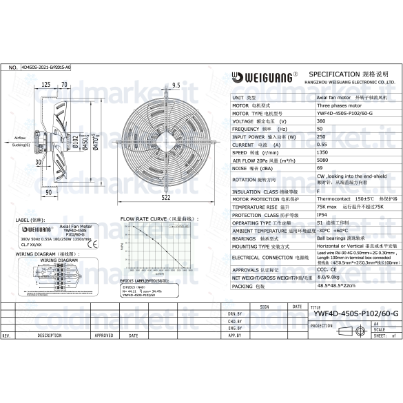 Ventilateur Axial Ø 450 mm Aspiration Triphasé 380V 1350 tr/min Weiguang YWF4D-450S-P102L60-G