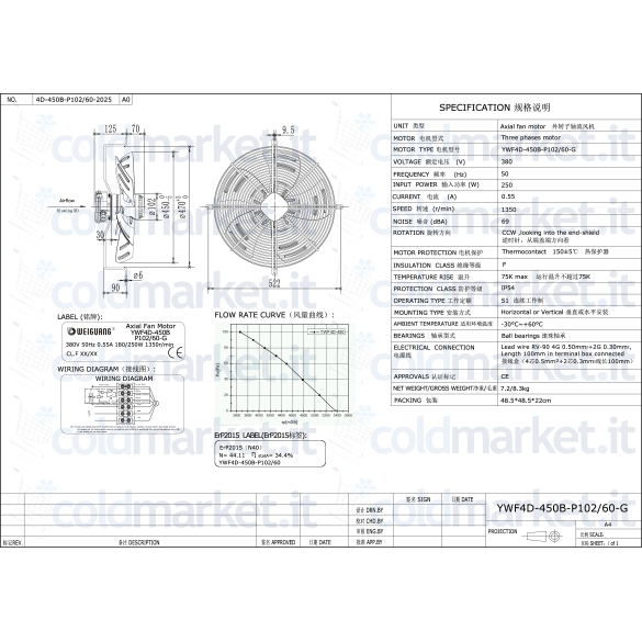 Ventilatore assiale diametro 450 MM Premente 380V - 1330gir/Min WEIGUANG YWF4D-450B-102/60-G