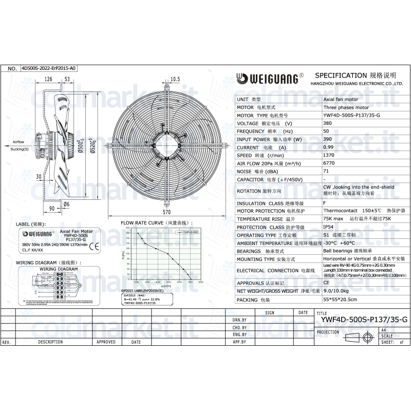 Ventilatore assiale Ø 500 mm aspirante trifase 380V 1370 giri/min Weiguang YWF4D-500S-P137L35-G