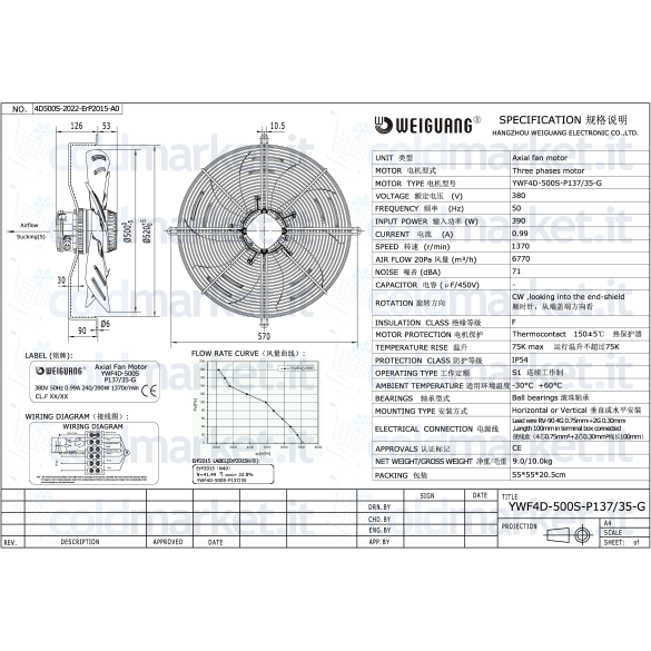 Ventilatore assiale Ø 500 mm aspirante trifase 380V 1370 giri/min Weiguang YWF4D-500S-P137L35-G