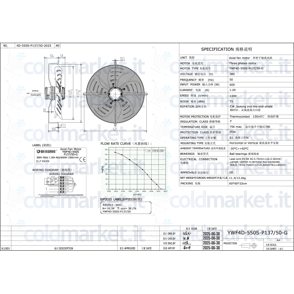 Ventilateur Axial Ø 550 mm Aspirant Trifasé 380V 1300 tours/min Weiguang YWF4D-550S-P137L50-G