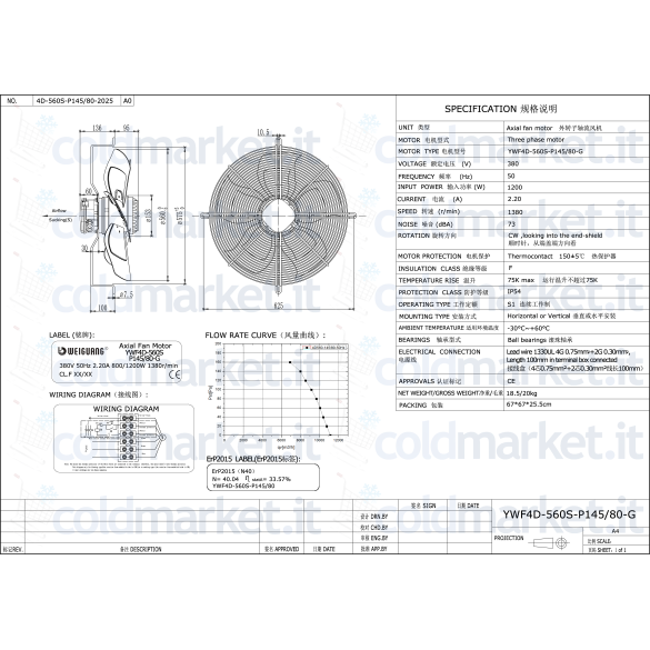 Ventilatore assiale Ø 560 mm aspirante trifase 380V 1380 giri/min Weiguang YWF4D-560S-P145L80-G
