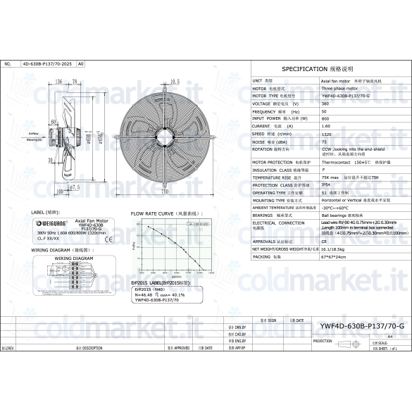 Ventilatore assiale diametro 630 MM Premente 380V - 1380gir/Min WEIGUANG YWF4D-630B-137/70-G