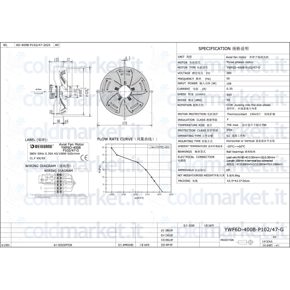 Ventilatore assiale diametro 400 MM Premente 380V - 920gir/Min WEIGUANG YWF6D-400B-102/47-G