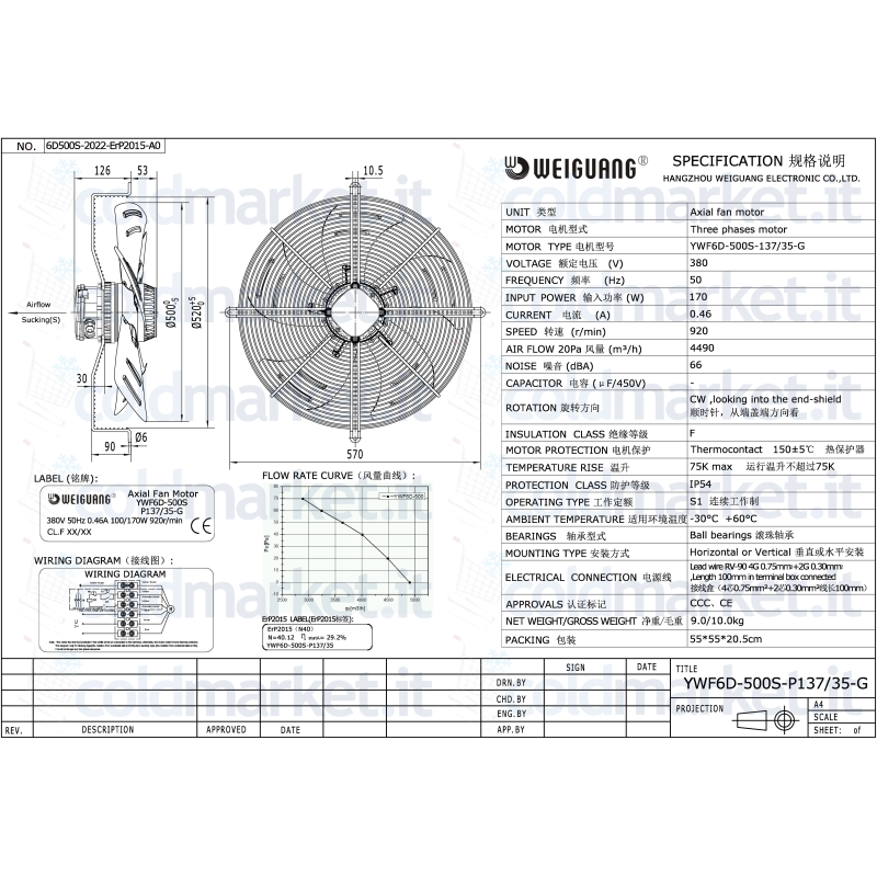 Ventilatore assiale Ø 500 mm Weiguang YWF6D-500S-P137L35-G trifase 380V 920 giri/min