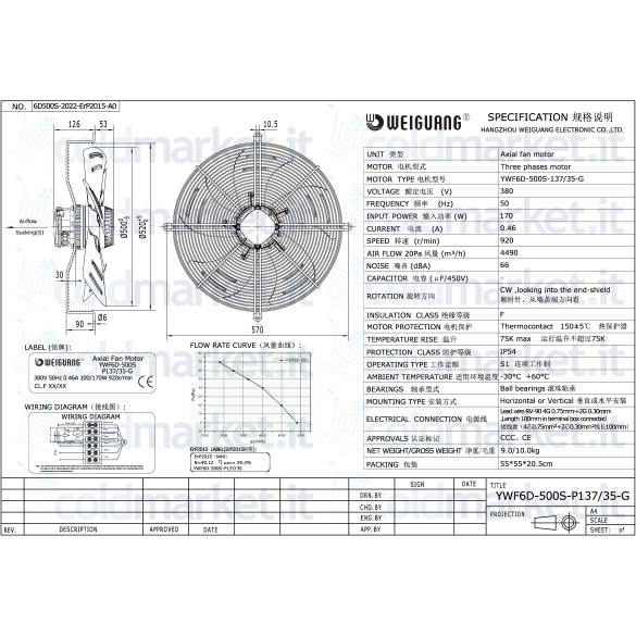Ventilateur Axial Ø 500 mm Aspirant Triphasé 380V 920 tr/min Weiguang YWF6D-500S-P137L35-G