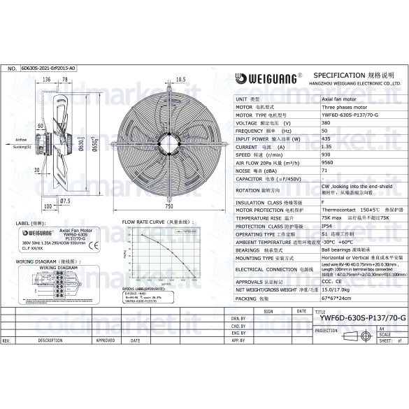 Ventilateur Axial Ø 630 mm Aspirant Triphasé 380V 930 tours/min Weiguang YWF6D-630S-P137L70-G