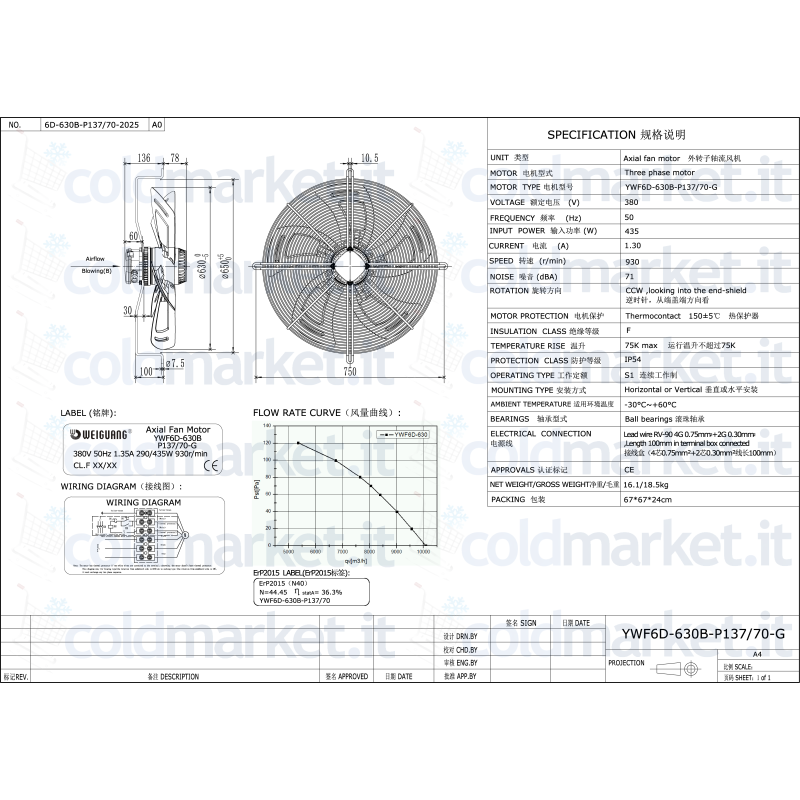 Ventilatore assiale Ø 630 mm trifase 380V Weiguang YWF6D-630B-P137L70-G 930 giri/min.