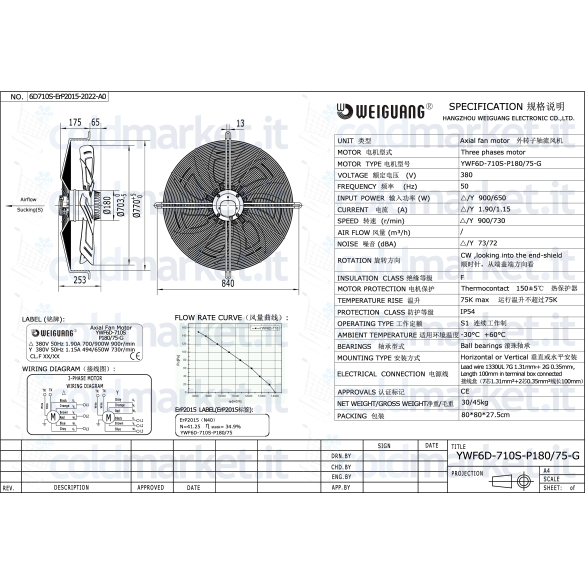 Ventilateur Axial Ø 710 mm Aspirant Triphasé 380V 730 tr/min Weiguang YWF6D-710S-P180L75-G