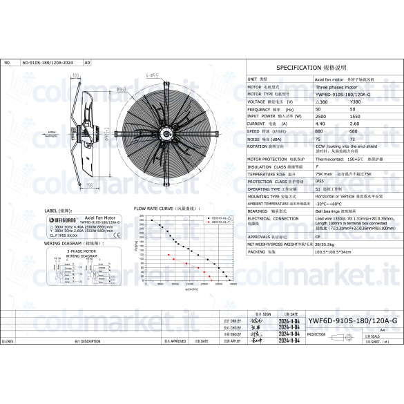 Ventilateur Axial Ø 910 mm Aspirant Triphasé 380V 880 tours/min Weiguang YWF6D-910S-180/120A-G