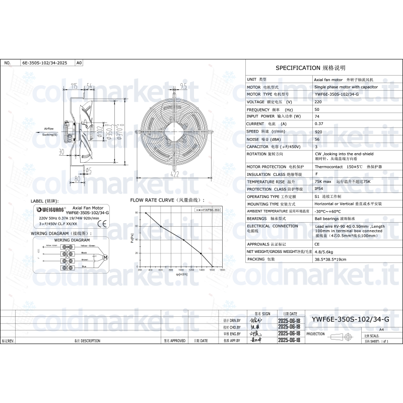 \"Ventilatore YWF6E-3055-102/34-G per impianti di refrigerazione\"