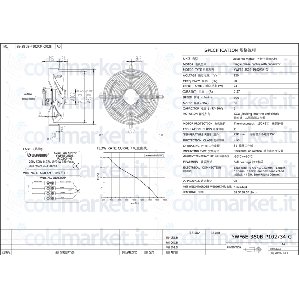 Ventilatore assiale Ø 350 premente 220V con griglia, 910 giri/min, per impianti HVAC