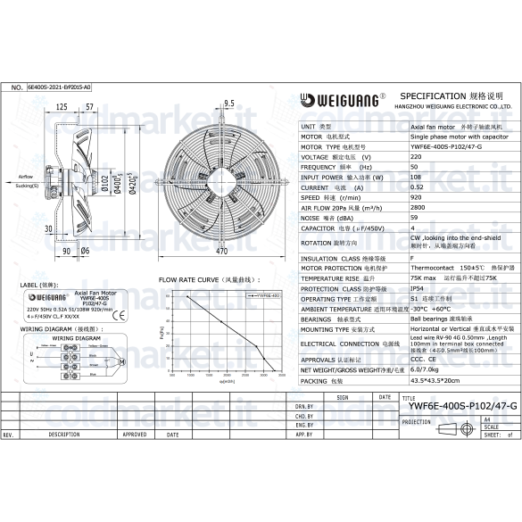 Ventilateur Axial Ø 400 mm Aspirant 220V 900 tr/min Weiguang YWF6E-400S-P102L47-G