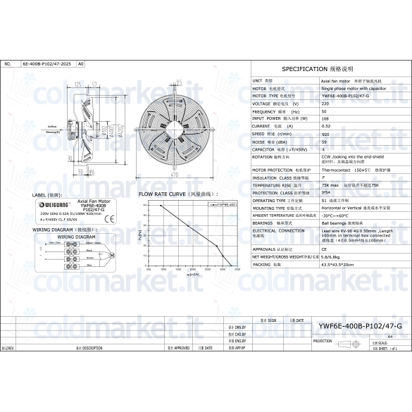\"Ventilatore YWF6E-400B-P102/47-G per impianti HVAC, alta efficienza\"