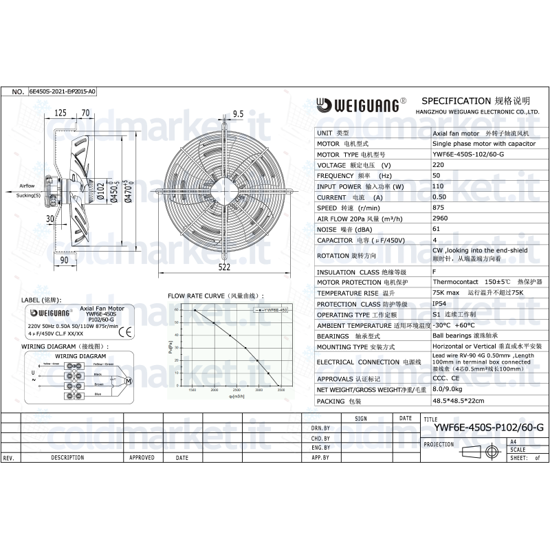 \"Ventilatore Weiguang YWFE-450S-P102/60-G per impianti HVAC\"