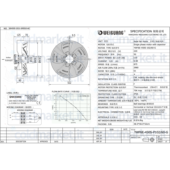 Ventilateur Axial Ø 450 mm Aspirant 220V 875 tours/min Weiguang YWF6E-450S-P102L60-G