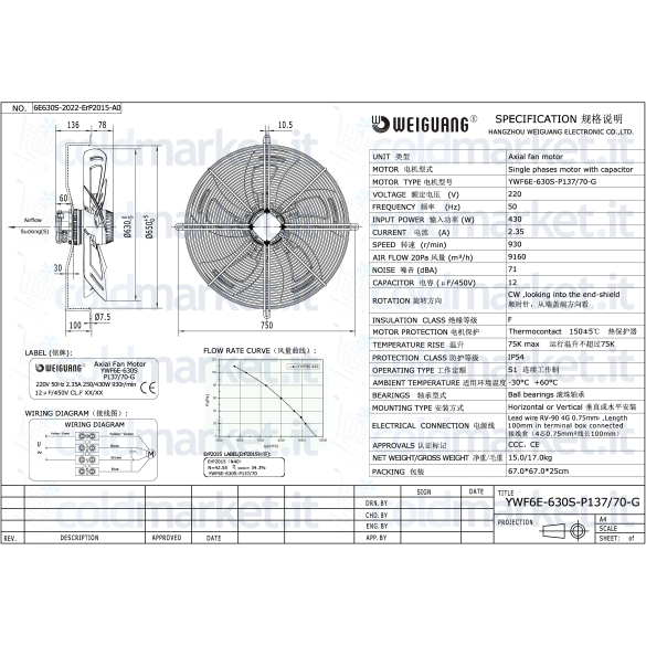 Ventilateur Axial Ø 630 mm Aspirant 220V 900 tr/min Weiguang YWF6E-630S-P137L70-G