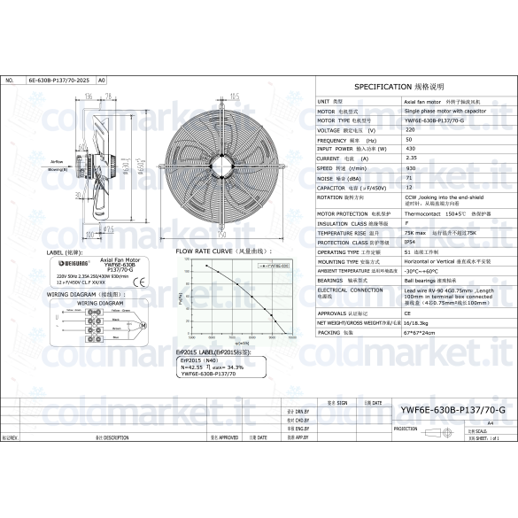 Ventilateur Axial Ø 630 mm Pression 220V 930 tours/min Weiguang YWF6E-630B-P137L70-G