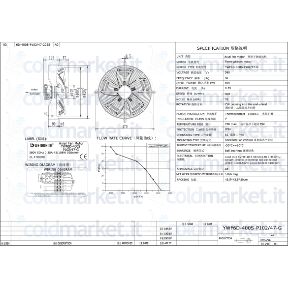 Ventilateur Axial Ø 400 mm Aspiration Triphasé 380V 920 tr/min Weiguang YWF6D-400S-P102L47-G