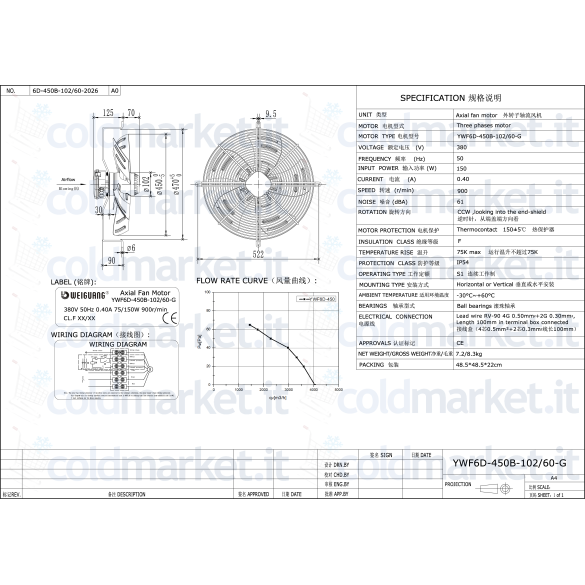 Ventilatore assiale Ø 450 mm Weiguang YWF6D-450B-102L60-G trifase 380V 900 giri/min.